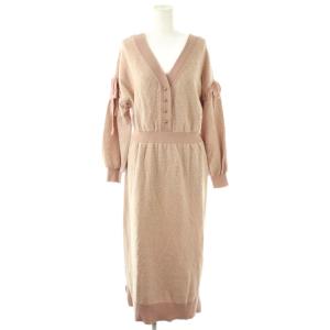 レーシーニットワンピース ロング 長袖 36 ピンク オフホワイト /DO OS