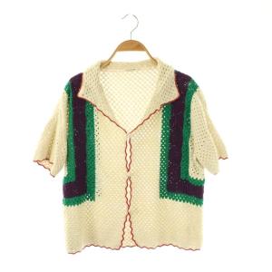 ハンドクロシェ ハーフスリーブシャツ ニット 半袖 S オフホワイト グリーン /HK OS