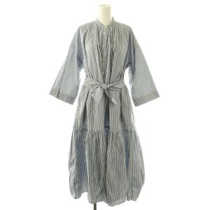 ストライプ バンドカラー シャツワンピース ロング 38 ブルー ホワイト /DF OS