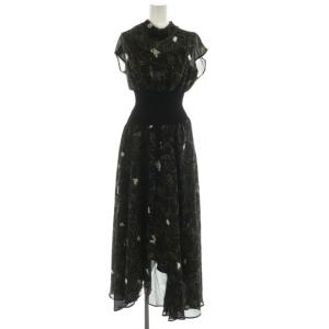 ウエストリブドッキングプリントワンピース 1 黒 ブラック 花柄 ショートスリーブ ウエストリブ ロング丈