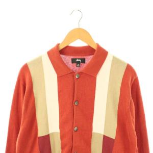 STUSSY color block sweater ニット カーディガン 長袖 M オレンジ ベージュ /HK OS