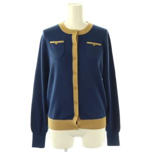 コットンカシミヤバイカラークルーネックカーディガン ニット 長袖 F ネイビー イエローベージュ /DO