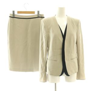 スーツ ジャケット スカート セットアップ 6 ベージュ ノーカラー 長袖 パイピングデザイン ひざ丈