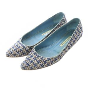 パンプス 37.5 24.5cm 青 白 ホワイト ピンク ツイード柄 ポインテッドトゥ フラット /RI