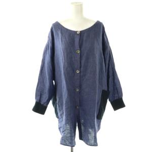 長袖ブラウス シャツ チュニック丈 リネン F ネイビーブルー 濃紺 /ES OS