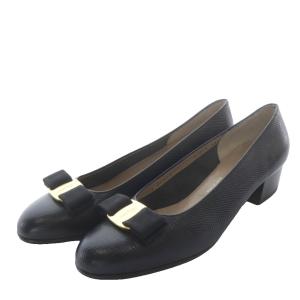 パンプス ハイヒール ヴァラ リボンモチーフ リザード型押し レザー 7C ブラック /YO32