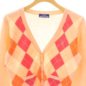 BURBERRY BLUE LABEL ウールカシミヤ アーガイル カーディガン Vネック 38 ピンク マルチカラー /CX OS