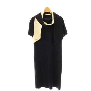 ウールバイカラーボウタイニットワンピース 膝丈 半袖 XS ネイビー アイボリー /DO OS SH