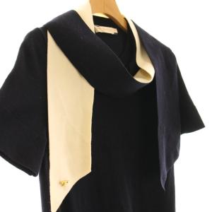 TORY BURCH ウールバイカラーボウタイニットワンピース 膝丈 半袖 XS ネイビー アイボリー /DO OS SH