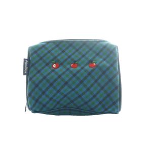 りんご刺繍チェックポーチ 紺 ネイビー 緑 グリーン /SS OS