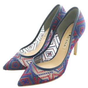 チュール刺繍パンプス ポインテッドトゥ 23.5cm 紺 ネイビー 赤 レッド /SS OS SH