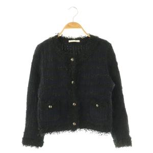 ツイードニットカーディガンジャケット ノーカラー 38 ネイビー ブラック /ES OS