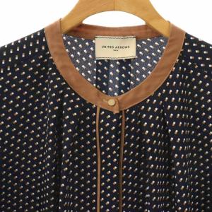 UNITED ARROWS バイカラー パイピング ブラウス 前開き スクエアドット 紺 ベージュ 白 1521-699-1348