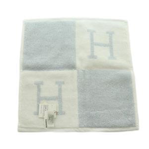 HERMES AVALON Eponge ハンドタオル タオルハンカチ 白 ライトブルー 102192M /MI OS