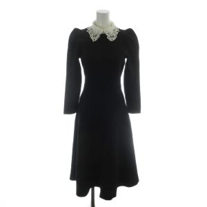ホワイトレースカラーニットワンピース ウール F 黒 ブラック 長袖 無地 /AB OS