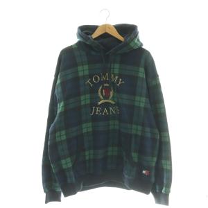 ジーンズ JEANS ロゴ刺繍フードパーカー スウェット プルオーバー チェック L 緑 紺 /CX OS
