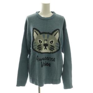 オーサムキャット ウォッシャブルジャカードニット セーター S 水色 ライトブルー クルーネック 長袖