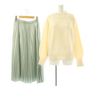 25AW ボリューム ニット×プリーツ スカート セット セーター プルオーバー フレア サテン M アイボリー