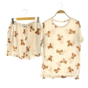 ベアモチーフ抗菌防臭Tシャツ ショートパンツ セットアップ ルームウェア パジャマ F オフベージュ ブラウン