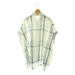 plantation 25SS チェックブラウス 前開き 五分袖 M アイボリー グリーン /DO OS