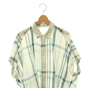 plantation 25SS チェックブラウス 前開き 五分袖 M アイボリー グリーン /DO OS