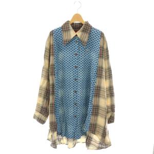 小花柄×チェック シャツ 切替 O/S ライトブルー ベージュ /DF OS