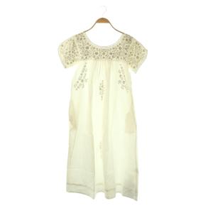 ラメ糸刺繍フォークロアワンピース ロング 半袖 ホワイト シルバー色 /DO OS SH