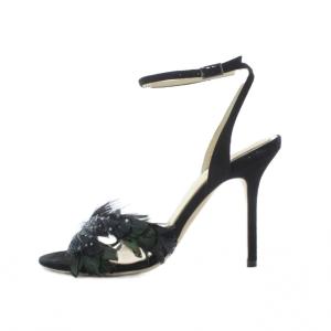 JIMMY CHOO サンダル 37 24cm 黒 ブラック フェザー装飾 ラインストーン装飾 ハイヒール ストラップ /RI
