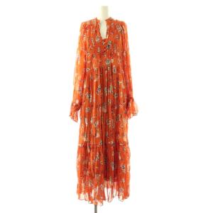 24AW ヴィンテージフラワープリントワンピース ロング 長袖 オレンジ マルチカラー /DO OS