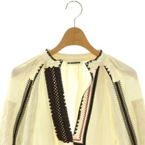 JIL SANDER 刺繍 キーネックブラウス リネン 34 オフホワイト