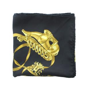 HERMES カレ90 LES CAVALIERS DOR 黄金の騎士 スカーフ ポケットチーフ 絹 シルク 黒 ブラック