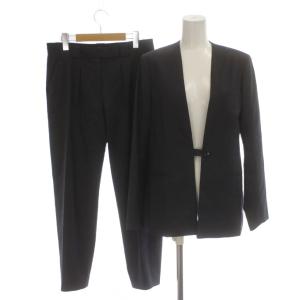 ジャケット パンツ セットアップ スーツ ウール混 38 紺 ネイビー ノーカラー タック入り /AG