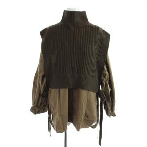 ニット&ブラウス スカシ レイヤード チュニック ウール 茶 ブラウン ハイネック 長袖 リブ編み /AB