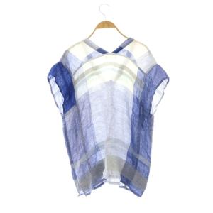 plantation リネン チェック セットアップ フレンチスリーブブラウス ワイドパンツ M ブルー /MY OS