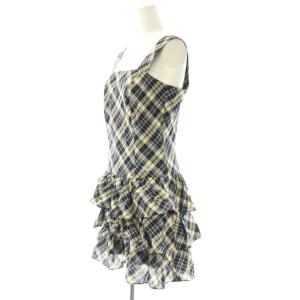 BURBERRY BLUE LABEL チェック フリル ミニワンピース ノースリーブ 38 ネイビー イエロー /HK OS