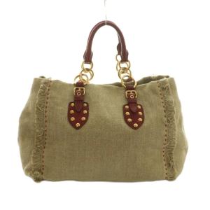 miumiu トートバッグ リネン レザーハンドル 生成り ワインレッド /MI OS OH
