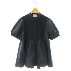 エンブロイダリー コンビ シャツ ブラウス パフスリーブ ネイビー ブラック /ES OS
