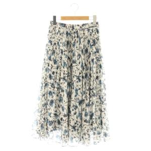 24SS ボタニカルローンプリントプリーツスカート フレアスカート ロング 36 オフホワイト ブルー