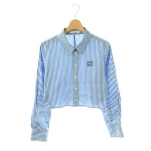 24AW ワンポイントショートシャツ ブラウス F ブルー ストライプ柄 長袖 ロゴ刺繍 /OK OS