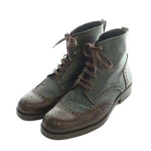 ARMANI COLLEZIONI ショートブーツ レザー レースアップ ウィングチップ 41 25.5-26.0cm 茶 グレー /MI