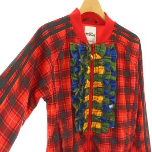 adidas Originals ×JEREMY SCOTT チェック フリルトラック ジャケット ジップアップ M レッド /HK OS