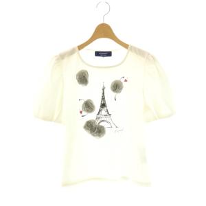 バラ装飾 プリントTシャツ L ホワイト エッフェル塔 パフスリーブ 半袖 /OK OS