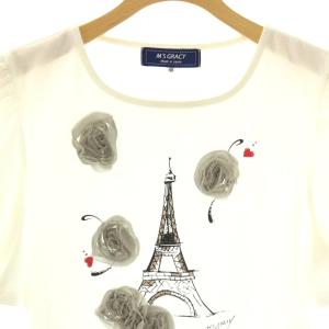 M'S GRACY バラ装飾 プリントTシャツ L ホワイト エッフェル塔 パフスリーブ 半袖 /OK OS