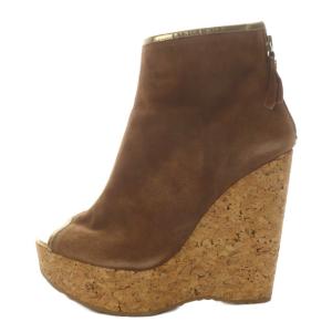 JIMMY CHOO ウェッジソールオープントゥブーツ コルク ショート スエード 37 ブラウン /YO31 SH