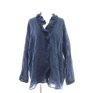 25AW シャーリングチェックシャツ ブラウス フリル 前開き 青 紺 /CX OS