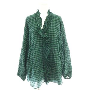 25AW シャーリングチェックシャツ ブラウス フリル 前開き 緑 紺 /CX OS