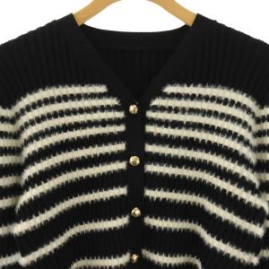 ANAYI 24AW フェザーボーダー カーディガン ニット 長袖 38 ブラック ホワイト /HK OS
