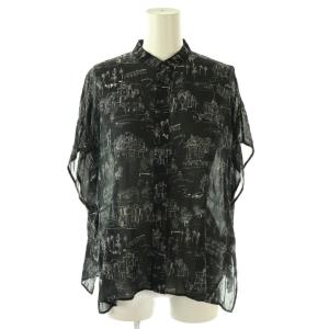 25SSLandScapeシルクストレッチ スタンドネックボックスシャツ フレンチスリーブ F ブラック