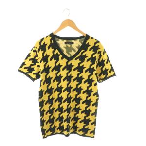 千鳥格子 半袖ニットトップス セーター プルオーバー Vネック V イエロー ブラック MRK060 /CX