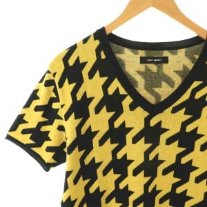 1PIU1UGUALE3 千鳥格子 半袖ニットトップス セーター プルオーバー Vネック V イエロー ブラック MRK060 /CX